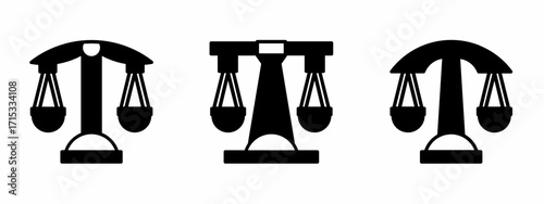 Vector illustration. Collection of scales of justice. Scales vector icon set. Scales of justice vector sign. Flat vector illustration of a black scales. Scales icon. Vector icon.