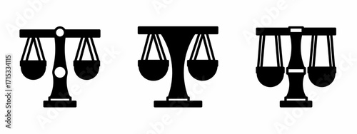 Vector illustration. Collection of scales of justice. Scales vector icon set. Scales of justice vector sign. Flat vector illustration of a black scales. Scales icon. Vector icon.