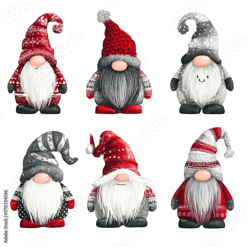 Adorable collection of six watercolor Christmas gnomes in festive attire.