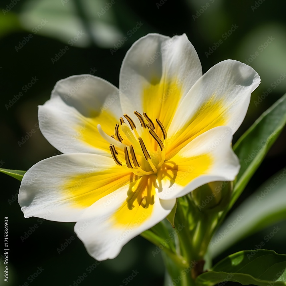 Fototapeta premium A close-up of a vibrant white flower with striking yellow highlights, showcasing delicate details of the flower's center and petals.