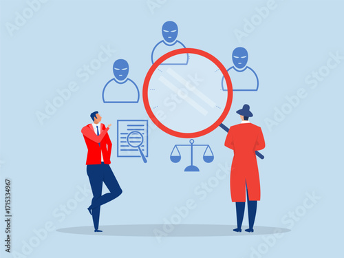 curiosity guy detective holding huge magnifying glass and thinking about evidence and result.Search, discover, analyze report , curiosity guy detective vector