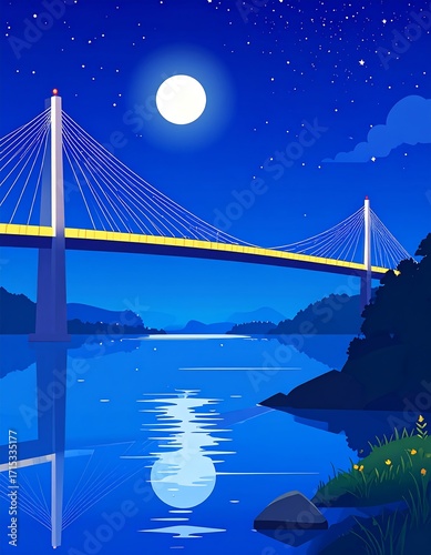 Nighttime view of a bridge over a calm river