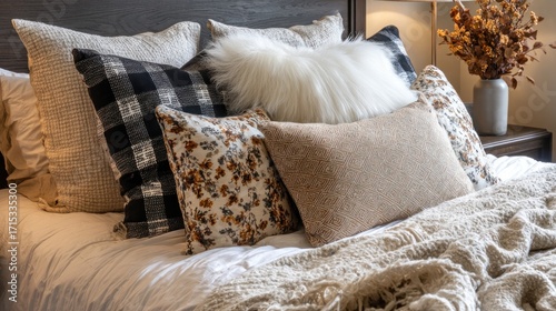 Cozy bedroom with layered pillows and blankets