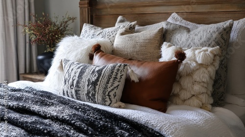 Cozy bedroom with textured pillows and blankets