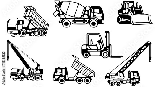 A collection of silhouettes of vehicles related to a construction site.