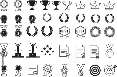 Award icons vector set, achievement symbols, trophy, medal, crown, ribbon, podium, certificate, laurel wreath, black silhouette, success illustration