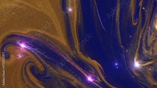 Seamlessly looping video of abstract liquid gold and deep blue flowing with bright, streaky, cosmic elements deep blue flowing, visual, design