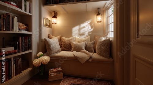 Cozy reading nook with bookshelves