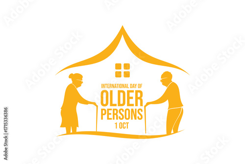 Vector illustration for International Day of Older Persons, October 1, featuring elderly man and woman with walking sticks under a symbolic house roof.