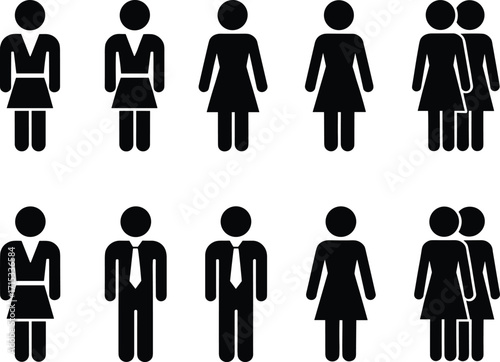 Black silhouette gender icons, diverse people vector set, stylized human figures, role representation graphic, minimal attire illustration for signage, infographic, identity