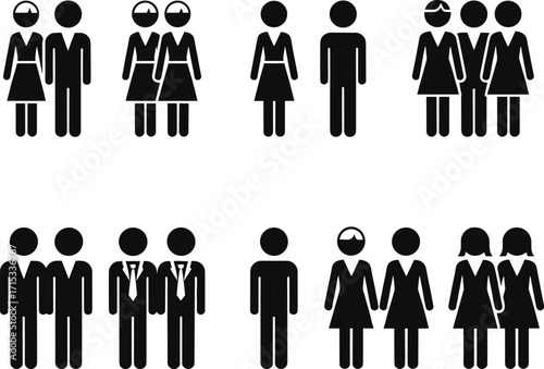 Black silhouette people icons, gender role vector set, diverse group composition, demographic symbol illustration, social identity graphic, minimal human figure design