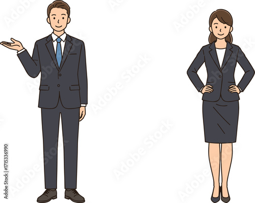 Business role illustration, professional attire, vector people in workplace, office interaction, flat design, corporate, teamwork, minimal, presentation