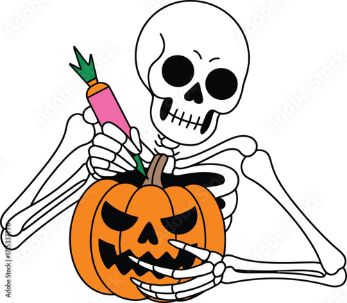 Skeleton carving a jack o lantern with a pink tool