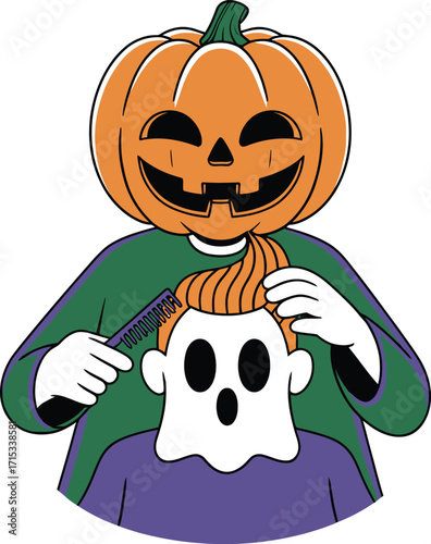Jack O Lantern combing ghost hair with purple comb