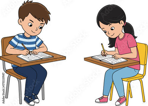 Children writing illustration, classroom activity concept, vector kids at desk, educational theme, flat design, focused, minimal, learning, schoolwork