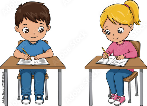Children writing illustration, classroom activity concept, vector kids at desks, educational theme, flat design, focused, minimal, learning, schoolwork