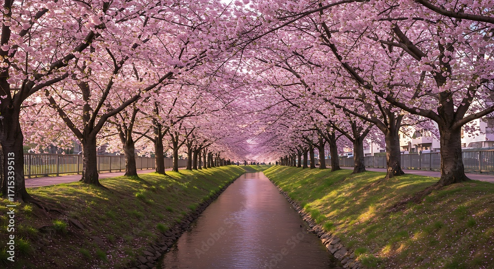 Fototapeta premium Vibrant Pink Sakura Tunnel Arching Over Serene Canal Path Bathed in Golden Spring Sunlight.