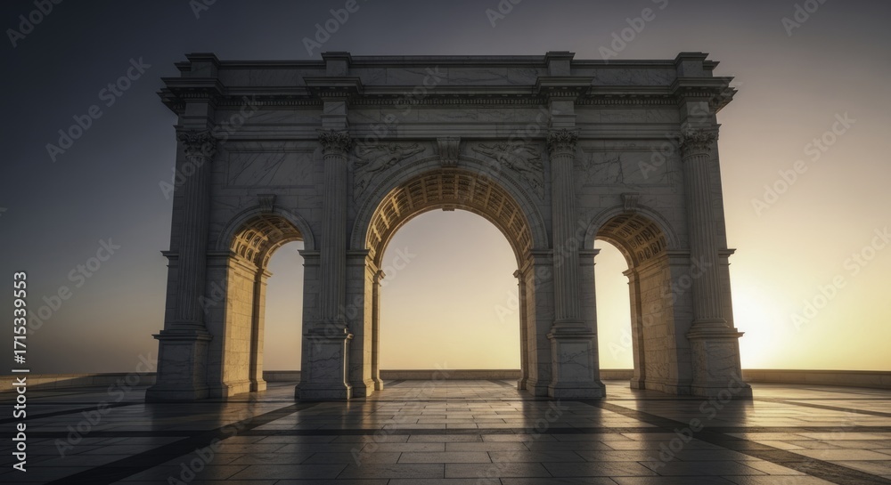 Obraz premium Grand Marble Triumphal Arch bathed in warm golden light at sunrise or sunset, showcasing classical architecture, intricate carvings, and long shadows on a paved plaza.