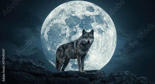 Lone Wolf Under the Moon: A solitary wolf, gazing intently at the viewer with piercing eyes, stands silhouetted against the luminous backdrop of a giant full moon.