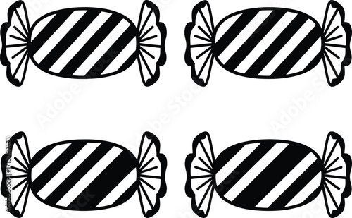 Striped candy vector illustration, black and white sweet icon, symmetrical confection design, minimal treat graphic, isolated dessert element for packaging, branding, decoratio