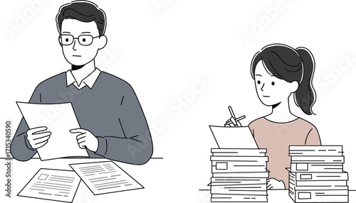 Paperwork illustration, study session concept, vector people at desk, reading and writing, flat design, academic, focused, casual, minimal, books