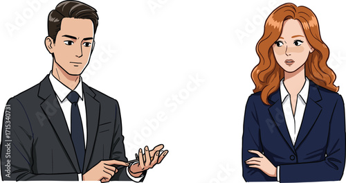 Professional man checking watch, woman standing with arms crossed, business people, corporate meeting, formal workplace illustration