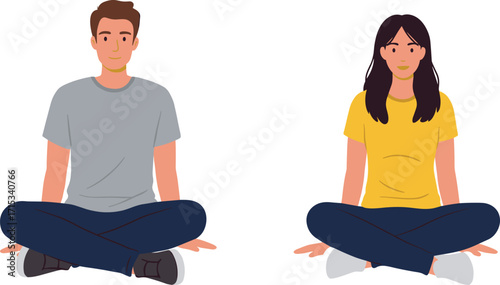 Seated posture illustration, casual meditation pose, vector people sitting, relaxed characters, mindfulness concept, flat design, lifestyle, calm, peaceful, minimal