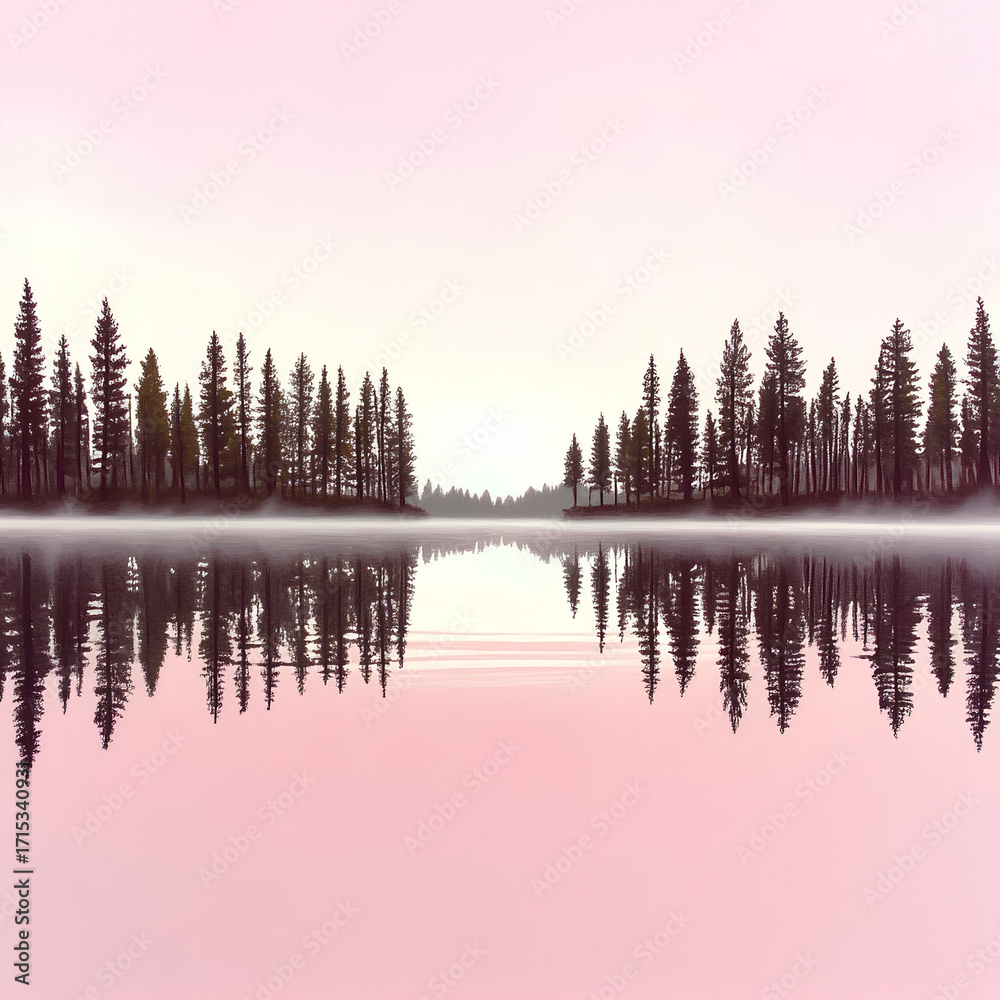 Obraz premium A calm lake at dawn, its surface perfectly mirroring a soft pastel sky in hues of blush pink and lavender. Delicate fog drifts in wispy tendrils above the water, blurring the line between reality and 
