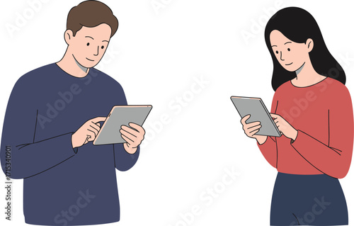 Tablet usage illustration, digital interaction, vector people using devices, modern technology, flat design, casual pose, lifestyle, focused, minimal, tech