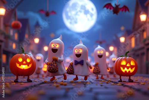 A cozy Halloween night scene with tiny glowing pumpkins