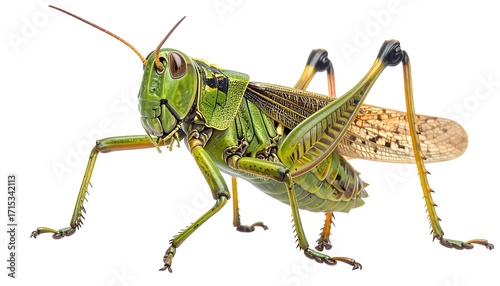 Detailed close-up of a vibrant green grasshopper, showcasing intricate patterns and textures against a plain white background.