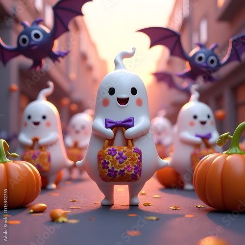 A cozy Halloween night scene with tiny glowing pumpkins
