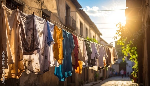 Clothes drying in a sunlit alleyway
