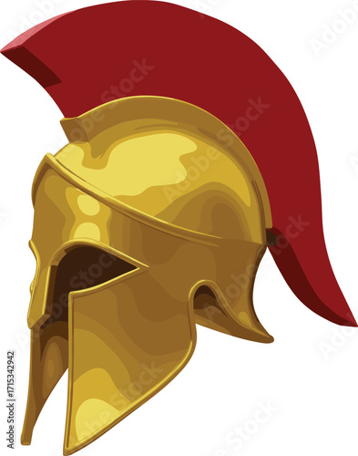 Ancient Spartan helmet illustration, golden Greek warrior armor, Roman gladiator headgear vector, medieval battle helmet design, historical military protection artwork