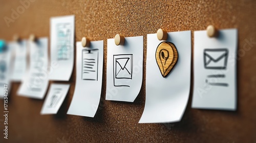 close-up of various hand-drawn notes and icons pinned to a corkboard, including envelopes and a location marker, representing communication and organization