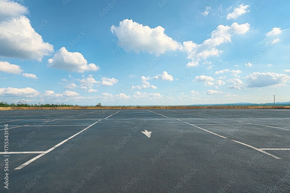 Fototapeta premium Empty large asphalt parking lot under blue sky with scattered clouds and distant landscape on horizon