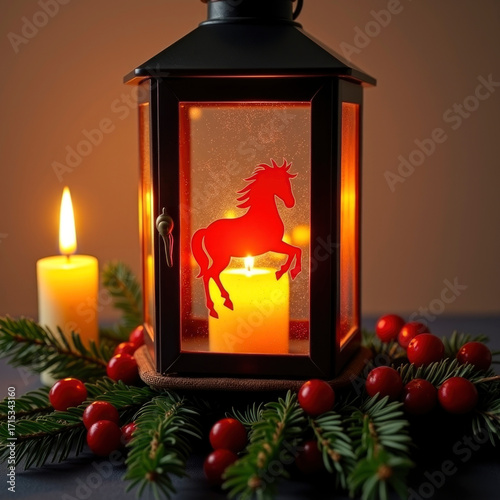 Christmas candle holder with red horse decoration. Holiday decor for 2026 Year of the Fire Horse.