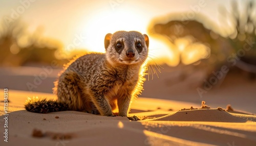 Cute Mongoose Portrait in Desert Sand Under Golden Sunset Light