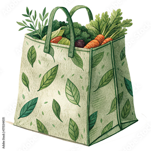 Vibrant watercolor shopping bag overflows with fresh, healthy produce celebrating sustainable living and organic goodness