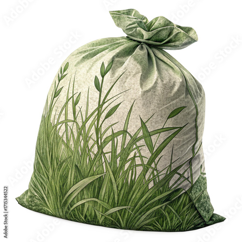 Vibrant green grass artfully adorning a tied compost bag, perfect for nature, eco-friendly, or gardening themes