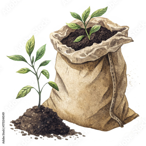Young plant sprouts from rich compost bag, symbolizing growth, new beginnings, and agricultural potential for a vibrant future.