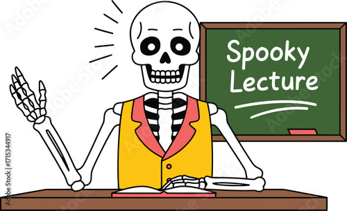 Skeleton teacher in yellow vest at desk with book and blackboard