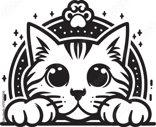 Cute cat in a crown with the inscription love cat. Vector illustration.