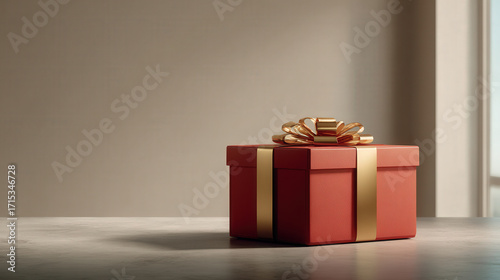 stunning red gift box adorned with luxurious gold ribbon sits elegantly in minimalist setting