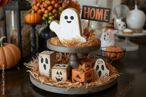 COCHIE Cute Halloween Tiered Tray Decorations Indoor, Ghost Wooden Decor Pumpkin Blocks Signs for Party Home Decoration