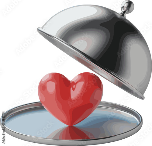 Red heart on silver tray illustration, romantic love concept vector, 3D heart design, valentine celebration artwork, wedding love symbol
