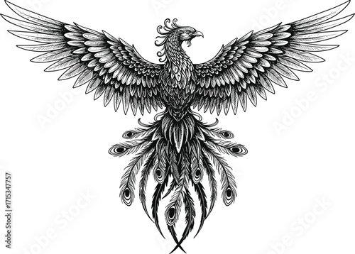 Majestic mythical phoenix bird with outstretched wings, elegant detailed feathers, fantasy fire bird illustration, legendary creature in black ink
