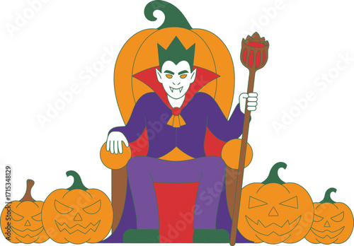 Cartoon vampire king on pumpkin throne with jack o lanterns