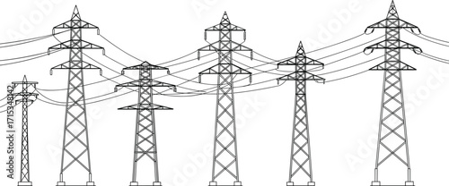 Electricity transmission towers with high voltage power lines, energy grid, utility pylons, electrical infrastructure, industrial design, engineering, black silhouette illustration