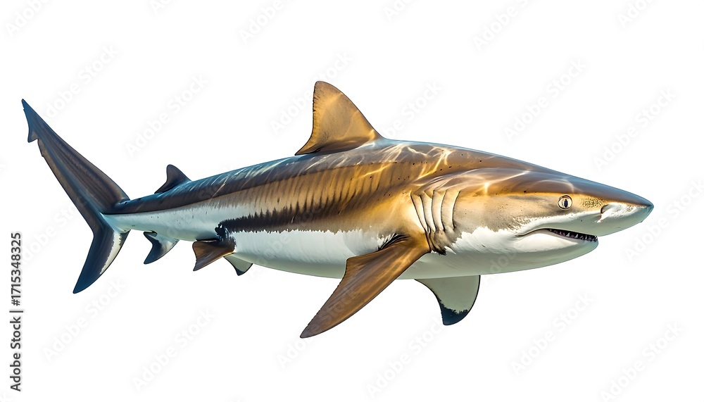 Fototapeta premium A detailed side view of a captivating shark, showcasing its streamlined body and intricate patterns in a striking golden-brown and white color scheme.